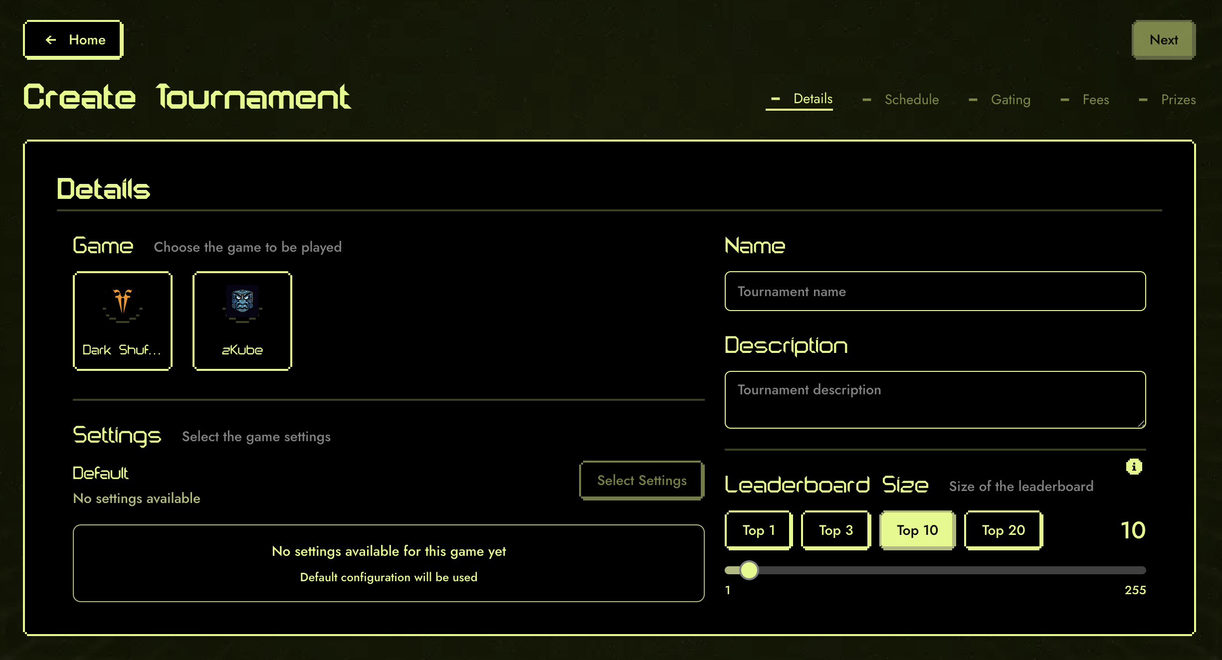 Create Tournament Page